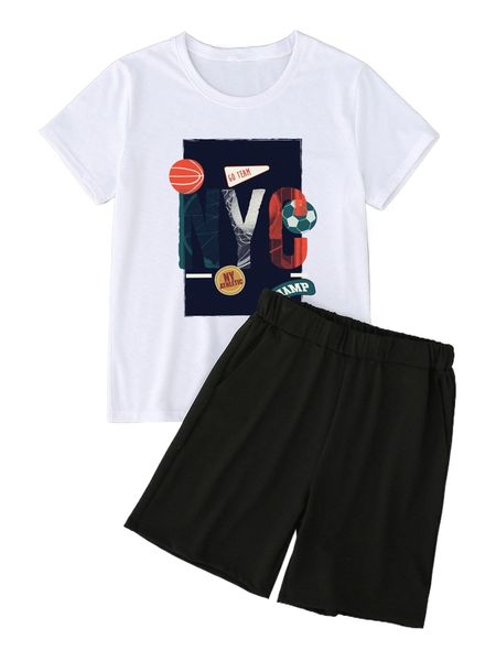 

men basketball & letter graphic tee & shorts b0ff#, Gray