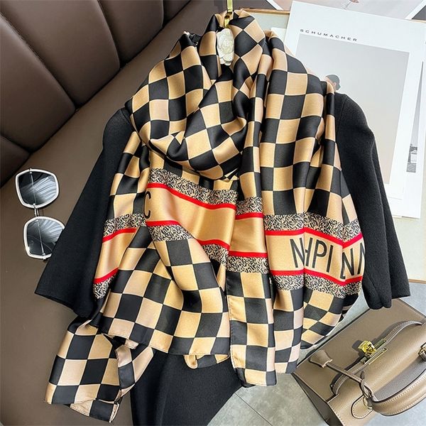 

62% off 2022 autumn and winter new scarves black white checker checkerboard stripe simulation silk outside shawl travel sunscreen extended t, Blue;gray