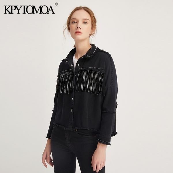 

vintage stylish fringe beaded oversized jacket coat women fashion long sleeve frayed trim ladies outerwear chaqueta mujer y200101, Black;brown
