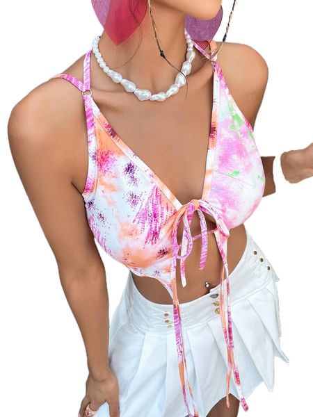 

tie dye knot front straps hem cami l7yv#, White