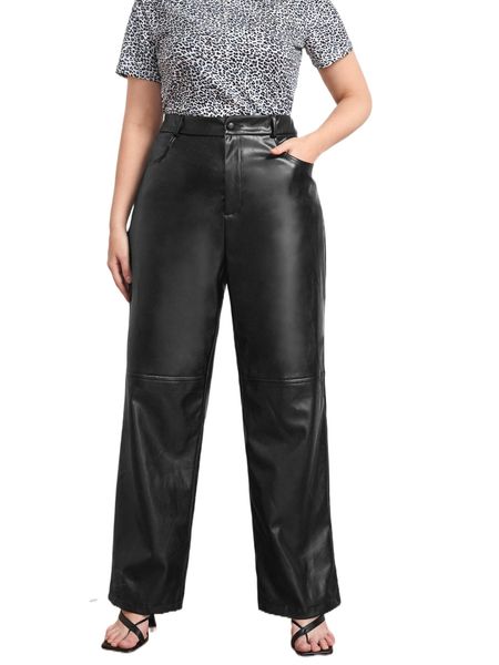 

bae plus high waist pu leather pants j9ab#, Black
