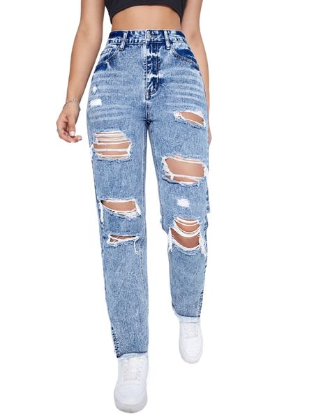 

high waist ripped raw trim straight leg jeans 97gv#, Blue