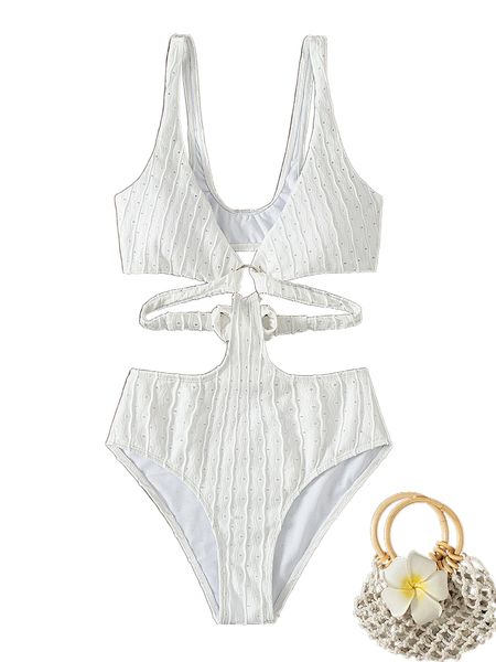 

textured ring linked one piece swimsuit f17k#, White;black