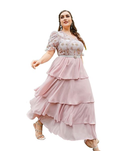 

plus floral embroidery puff sleeve layered hem dress without belt d2gk#, Black