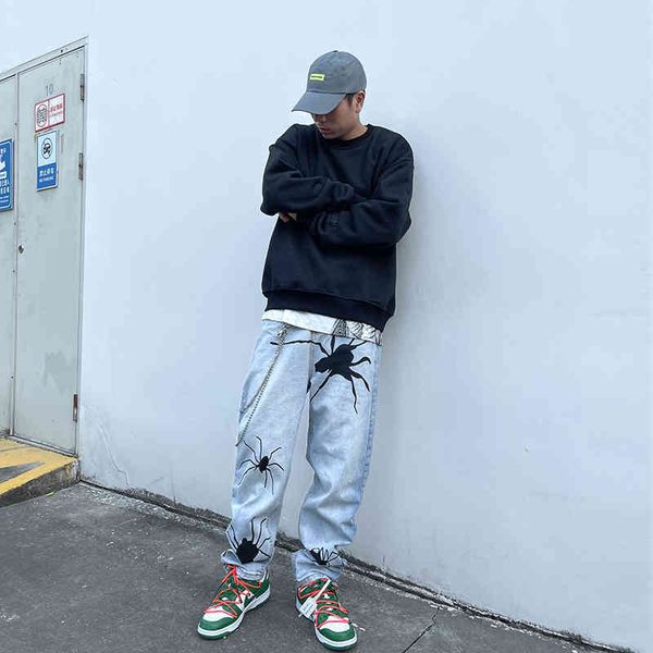 

high street hip hop spider printed jeans men's fashion brand straight tube loose korean style versatile wide leg long pants, Blue