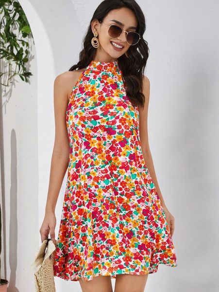 

floral print knot detail tunic dress c98a#, Black;gray
