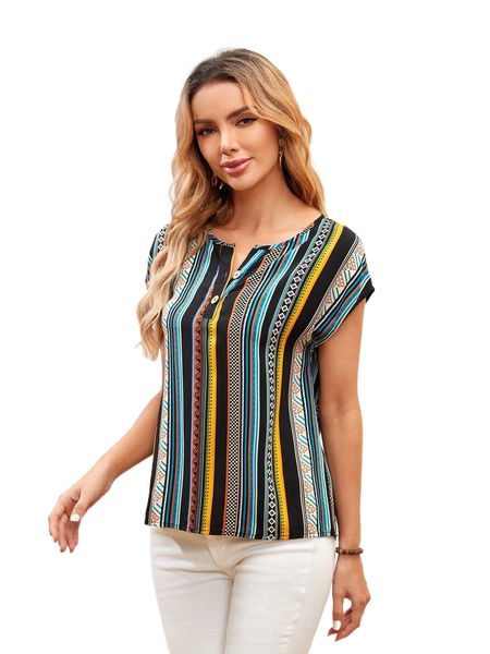 

buttoned half placket geo and striped x3sn#, White