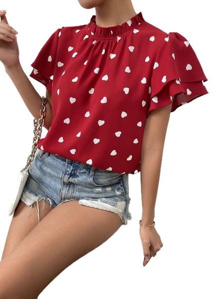 

heart print butterfly sleeve frill neck blouse k2nc#, White