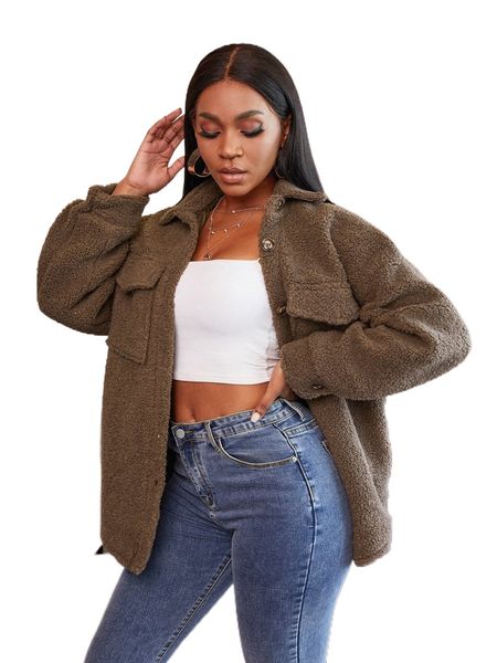 

sxy button up drop shoulder teddy coat m3kq#, Black