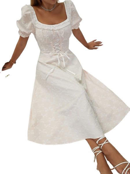 

bow textured square neck puff sleeve lace up dress 22c8#, Black;gray