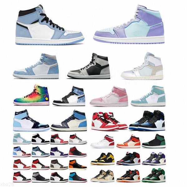 

mens women jorden airs jordens jumpman 1 mid shoe casual shoes 1s purple aqua obsidian silver toe high hyper royal university blue unc, Black