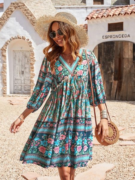 

floral print bishop sleeve dress d15o#, Black;gray