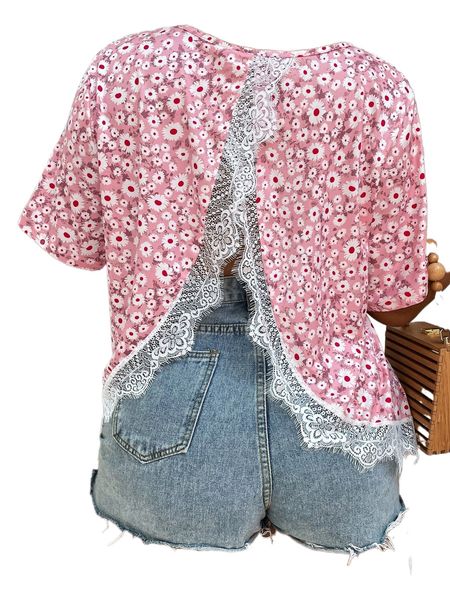 

plus allover floral print contrast lace tulip hem tee 89u1#, Black