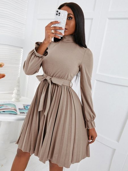 

turtleneck flounce sleeve pleated hem belted dress h7ww#, Black;gray