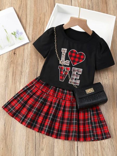

toddler girls letter graphic tee & plaid pleated skirt she, White