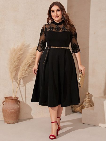 

plus embroidery mesh shoulder fit and flare dress without belt u4c7#, Black