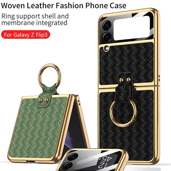 

plain leather plating cases for samsung galaxy z flip 5 3 flip 4 flip4 flip5 5g phone cover ring holder stand luxury protective film funda