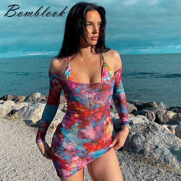 

bomblook x21ds760 summer 2022 female's skirts round neck tie dye sheer long sleeve beachwear women's mini dress y220401, Black;gray