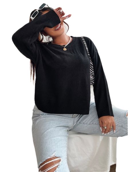 

plus drop shoulder ribbed knit sweater u6a7#, Black