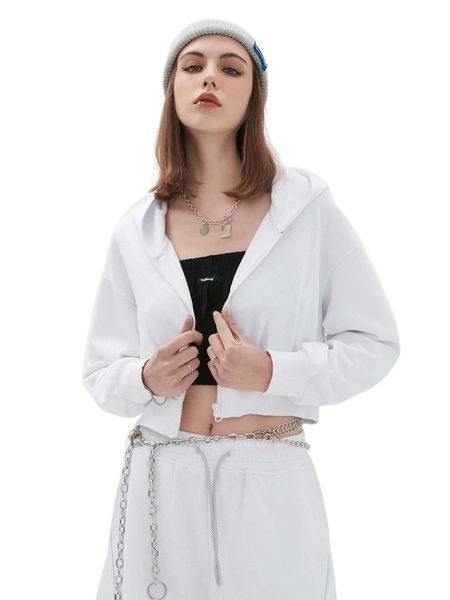 

drop shoulder zip up crop hoodie a2qk#, Black