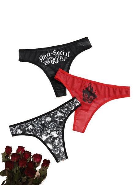 

romwe goth 3pack butterfly & skull graphic mesh panty set e23q#, Black;red