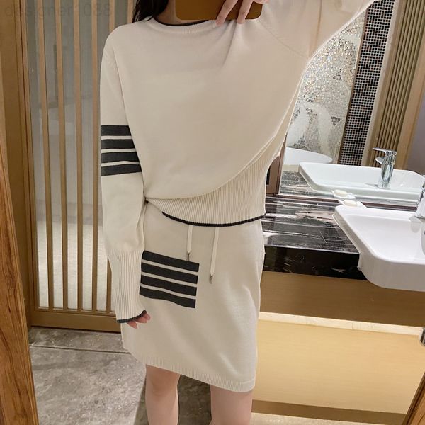 

two piece dress designer 22 autumn and winter new tb brand sports leisure knitted wool sweater women's bag hip skirt set td87, White
