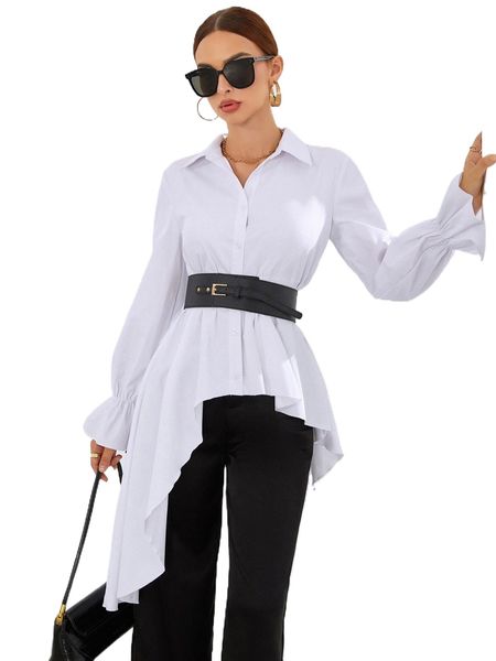 

asymmetrical hem flounce sleeve wide belted blouse e8hl#, White