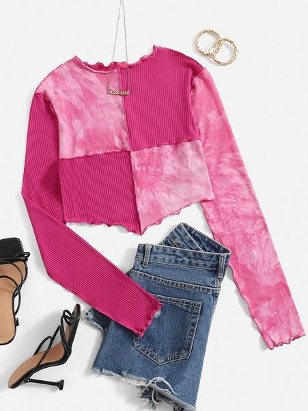 

tie dye stitch trim rib knit crop tee 9663#, White