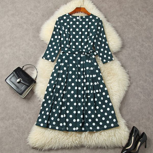 

2022 fall autumn 3/4 sleeve round neck green retro polka dot belted peplum mid-calf dress elegant casual dresses 22g112029, Black;gray