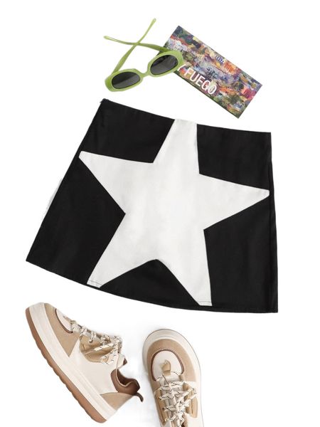 

star print high waist skirt v7jg#, Black