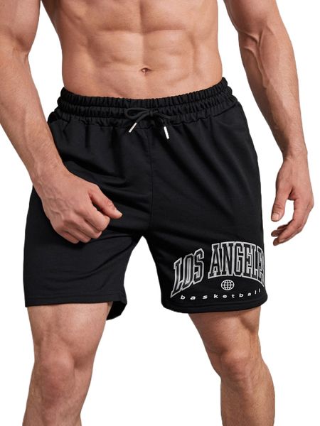 

men letter graphic drawstring waist sports shorts u6ba#, White;black