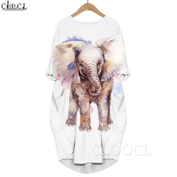 Mulheres dos desenhos animados elefante 3d impresso vestido de manga longa vestido bolso em torno do pescoço vestidos soltos vestidos brancos plus size vestido 220616