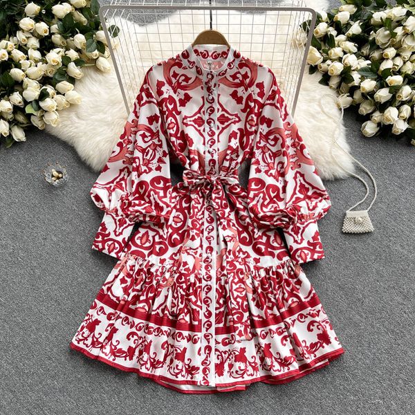 

Palace retro dress 2023 spring and autumn new stand-up collar print lantern sleeve waist tie single-breasted shirt skirt, Same as picture_1