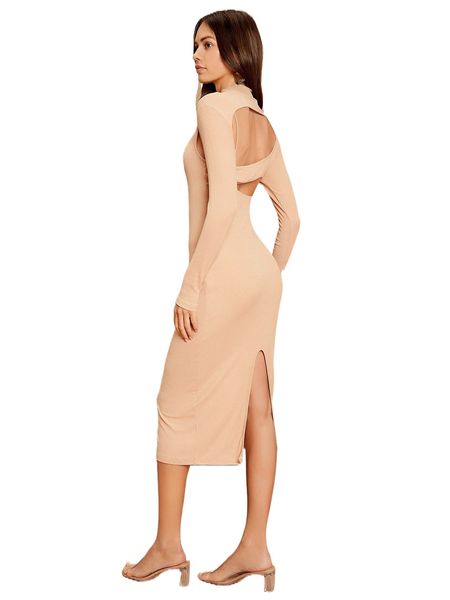

mock neck cut out back dress n6ls#, Black;gray