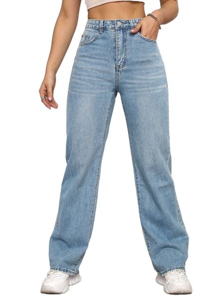 

high waist solid jeans 08ig#, Blue