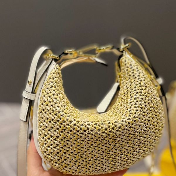 

2022 new brand praphy underarm bag mini crescent handbag metal chain designer messenger bag raffia woven summer unique bag 18cm 28cm