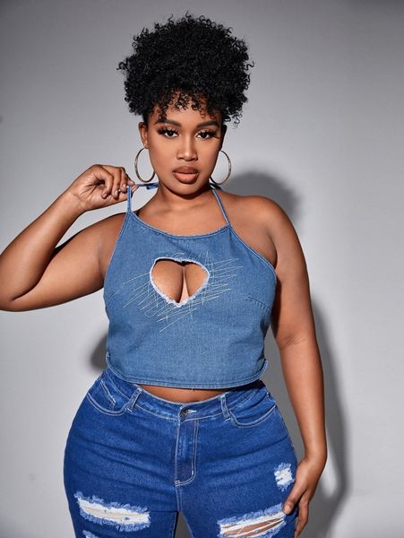 

sxy plus cut out detail shirred halter denim 16ds#, White