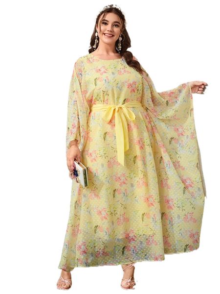 

plus allover floral print dolman sleeve belted chiffon dress f0rb#, Black