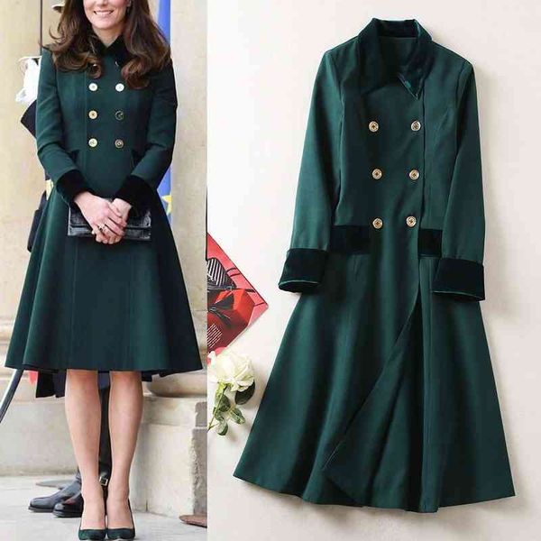 

casual dresses street fashion women's long coat autumn and winter velvet lapel double row button skirt windbreaker, Black;gray
