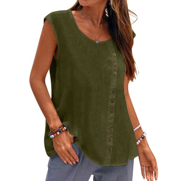 Mulheres Summer Street Usar tanque sólido top top casual botão sem mangas de coleta redonda de coluna de blusa top top start camisole 2022 l220706