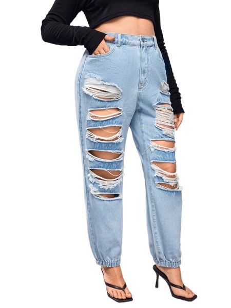 

plus high waist ladder distressed jogger jeans 965h#, Blue