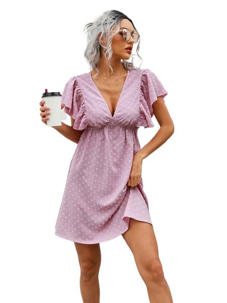 

swiss dot d.eep v. n.eck b.utterfly s.leeve d.ress 89tj#, Black;gray