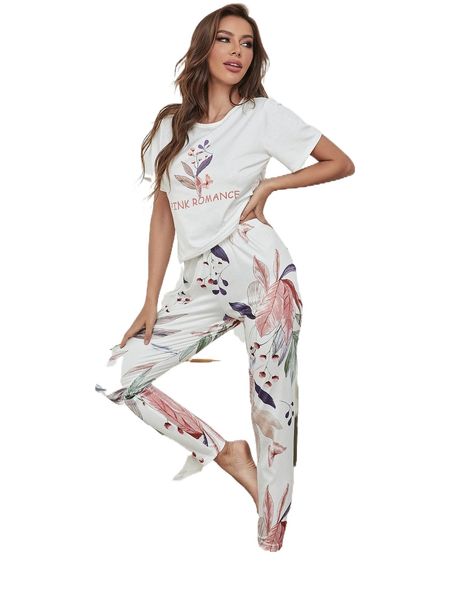 

botanical and letter print & pants pj set e8kt#, Black;red