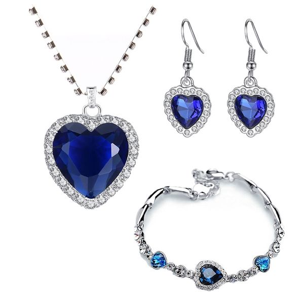 

titanic heart of ocean necklaces for women peach heart blue crystal zircon jewelry sets female wedding engagement jewelry 220716, Silver