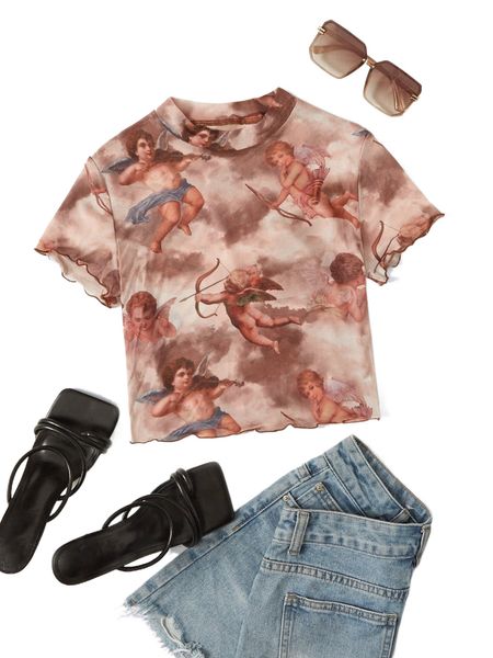 

cupid print mock neck lettuce trim mesh tee j4n1#, White