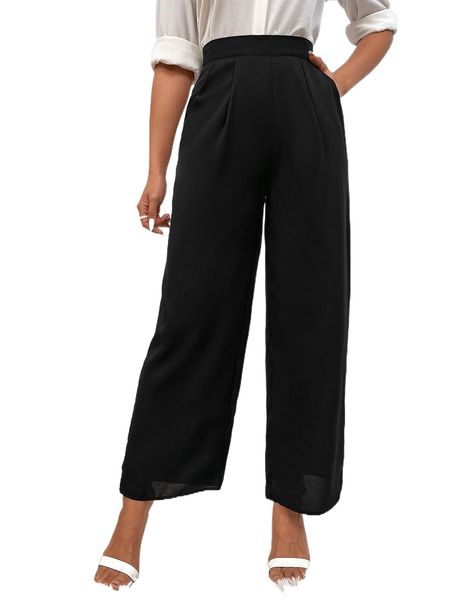 

petite high waist slant pockets wide leg pants g293#, Black;white