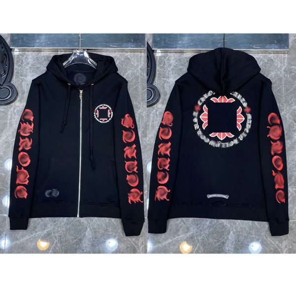 

loose mens fashion sweatshirts classic brand ch designer hoodie horseshoe sanskrit print luxury zipper jacket pullover hooded coat women sw, Black