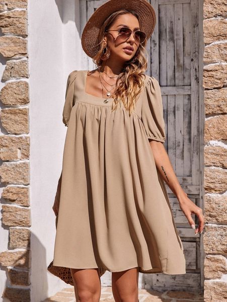 

square neck puff sleeve dress i8tx#, Black;gray
