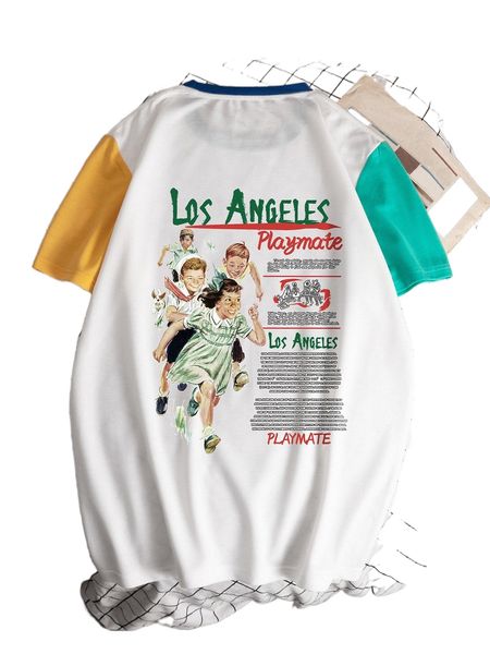 

men figure & slogan graphic contrast sleeve tee x9dl#, White;black
