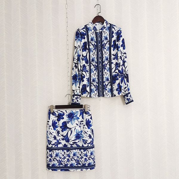 

runway two piece dress set blue white porcelian flowers print long sleeve shirt mini skirt suit